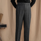 Men's herringbone wool trousers high waist pleated front tailored fit