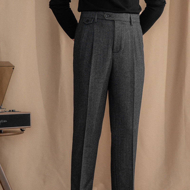 Men's herringbone wool trousers high waist pleated front tailored fit