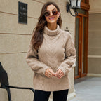 Women cable knit jumper turtleneck relaxed fit drop shoulder
