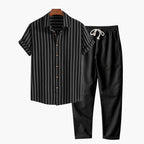 Men's linen shirt and pants set, breathable summer two-piece outfit in navy, white and black