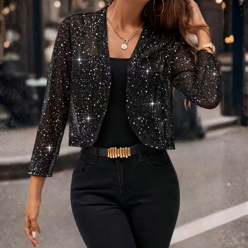 Women glitter sequin cardigan jacket open front long sleeve sparkle layer