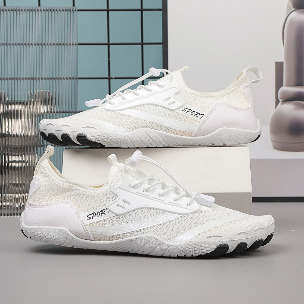 Barefoot style shoes with wide toe box and flexible sole in neutral colors