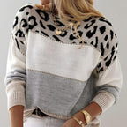 Women's color block leopard knit sweater, soft casual pullover in grey, pink and red
