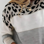 Women's color block leopard knit sweater, soft casual pullover in grey, pink and red