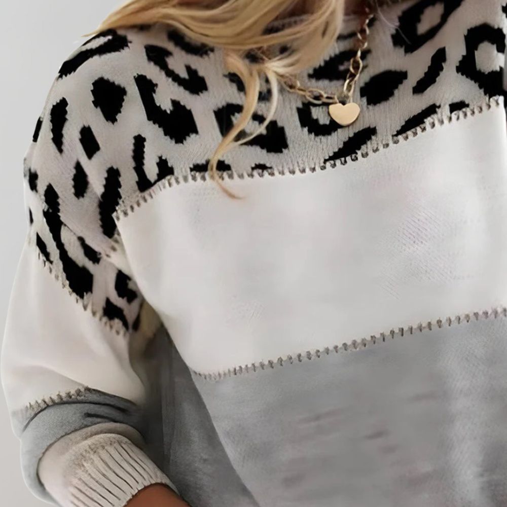 Women's color block leopard knit sweater, soft casual pullover in grey, pink and red