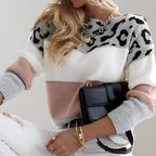 Women's color block leopard knit sweater, soft casual pullover in grey, pink and red