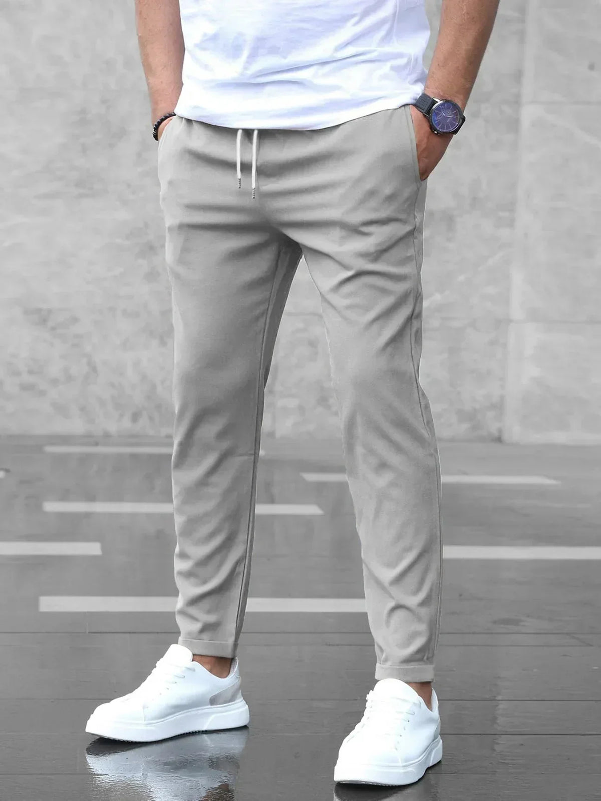 Men's slim fit jogger pants with drawstring waist, casual streetwear style