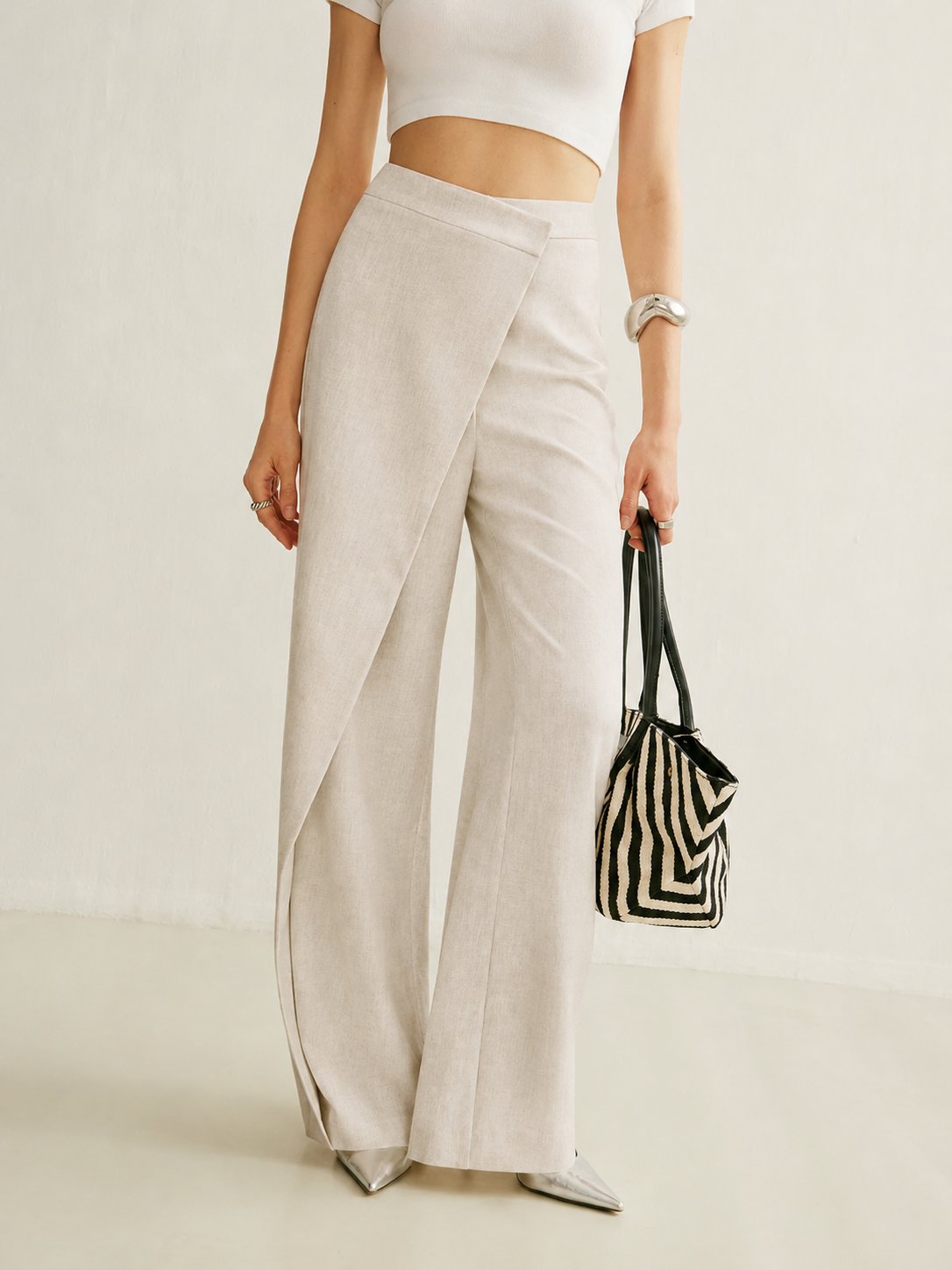 Women high waist wide leg wrap pants with asymmetric front panel