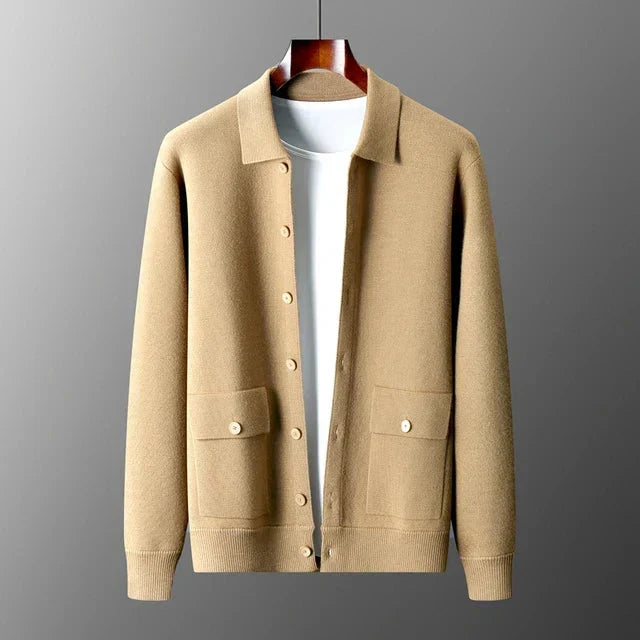 Men button down sweater cardigan collared long sleeve with patch pockets