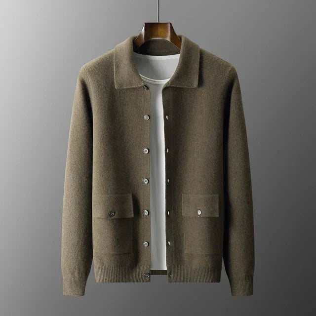 Men button down sweater cardigan collared long sleeve with patch pockets