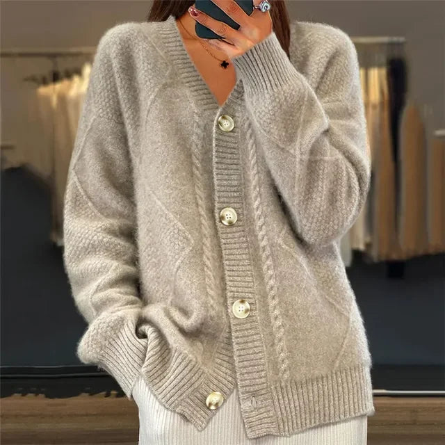 Women's cashmere cardigan button-front long sleeve, lightweight knit layering piece