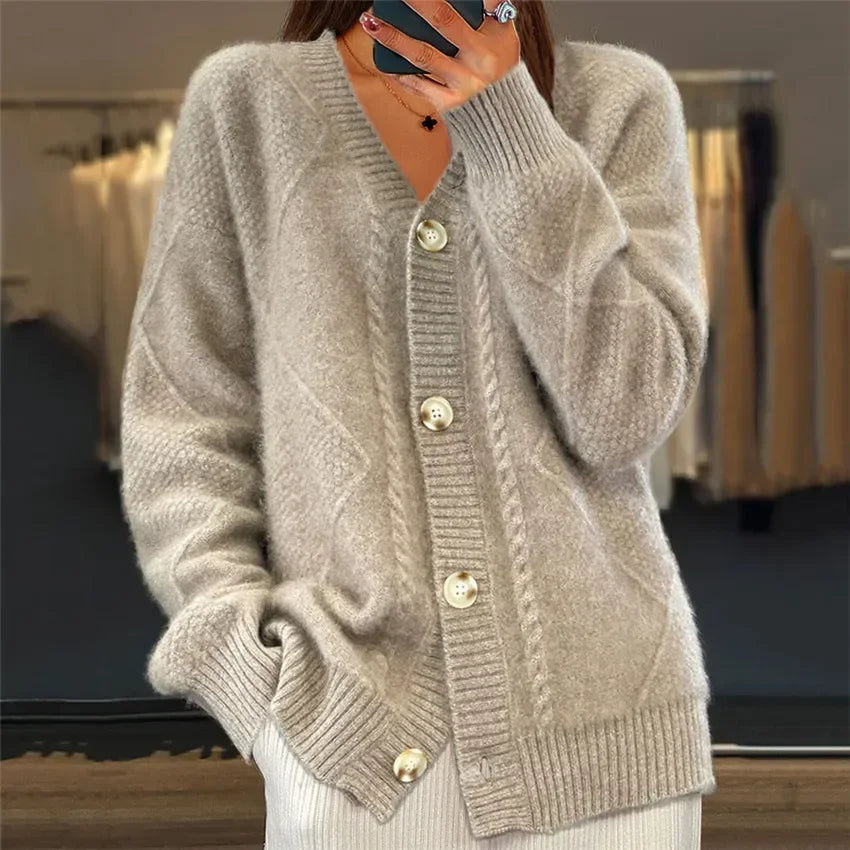 Women's cashmere cardigan button-front long sleeve, lightweight knit layering piece