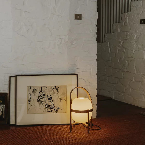 Lantern table lamp with glass shade and wooden base, portable wood and walnut finish
