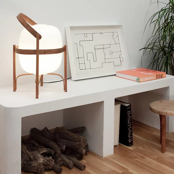 Lantern table lamp with glass shade and wooden base, portable wood and walnut finish