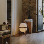 Lantern table lamp with glass shade and wooden base, portable wood and walnut finish
