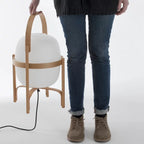 Lantern table lamp with glass shade and wooden base, portable wood and walnut finish