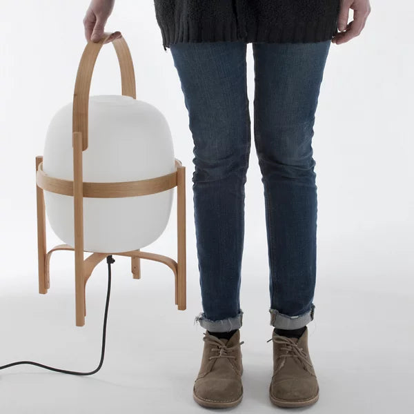Lantern table lamp with glass shade and wooden base, portable wood and walnut finish