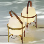 Lantern table lamp with glass shade and wooden base, portable wood and walnut finish