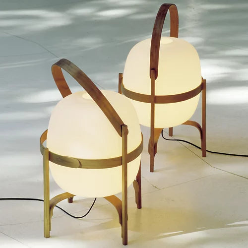 Lantern table lamp with glass shade and wooden base, portable wood and walnut finish