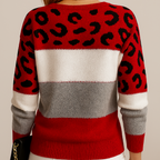 Women's color block leopard knit sweater, soft casual pullover in grey, pink and red