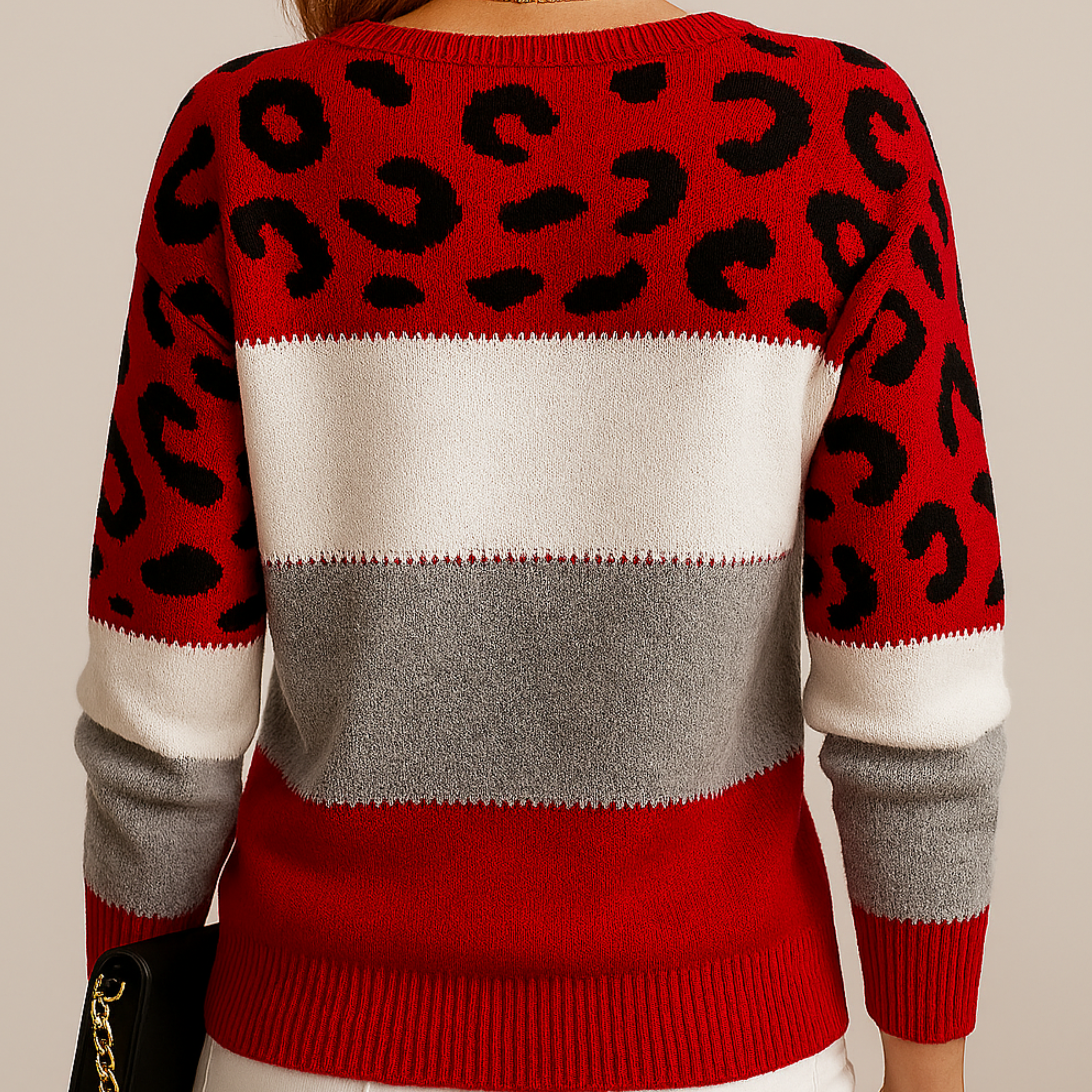 Women's color block leopard knit sweater, soft casual pullover in grey, pink and red