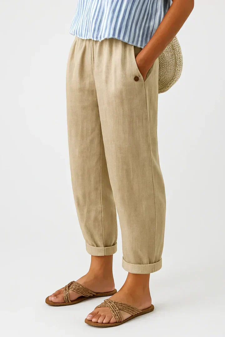 Women cotton blend straight leg trousers relaxed fit elastic waist