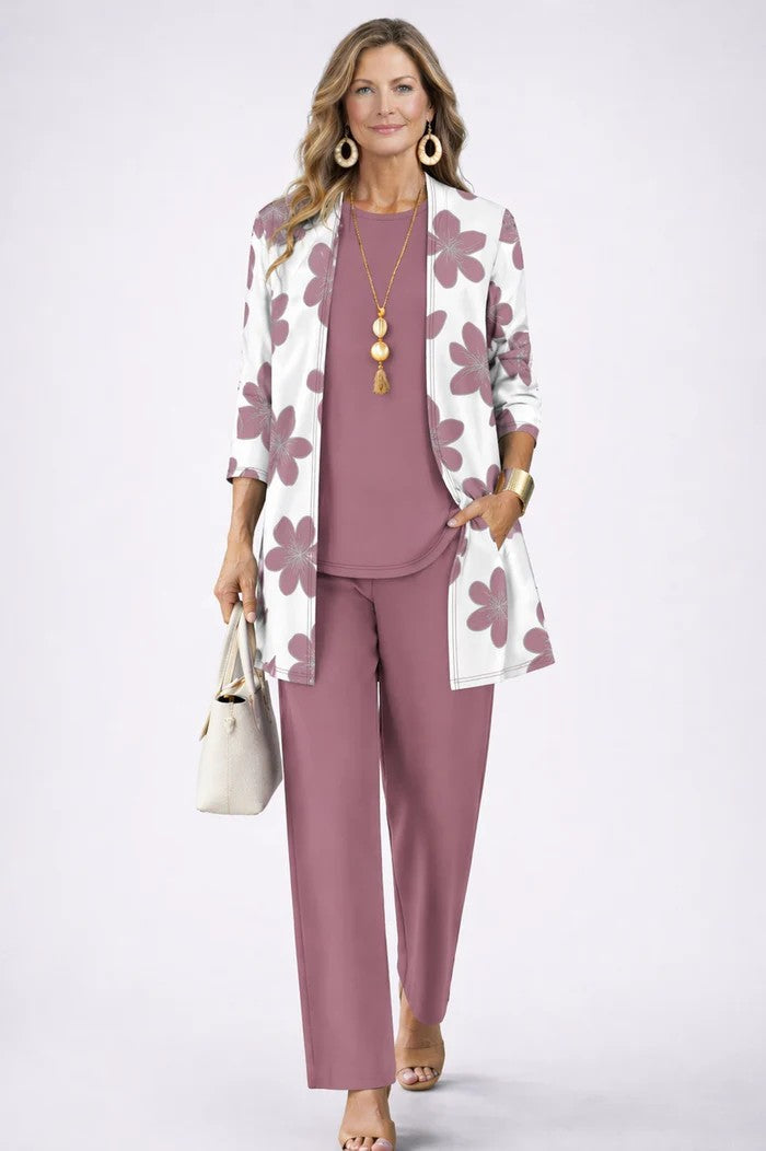 Women's 3-piece set with open-front cardigan, round-neck top and printed trousers, relaxed fit