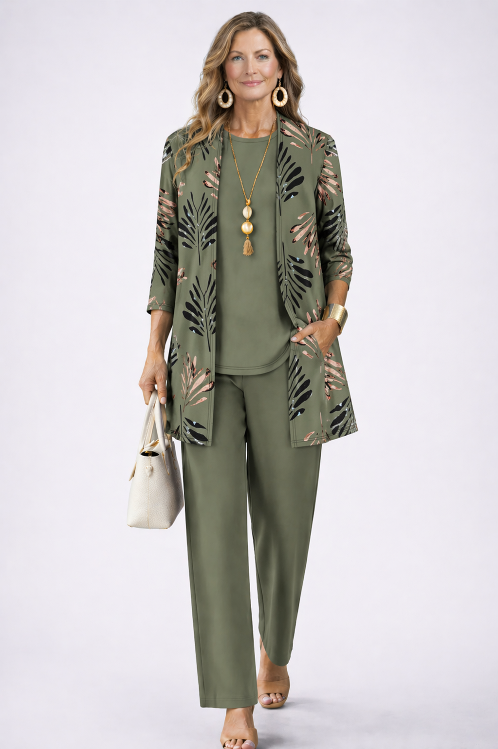 Women 3 piece cardigan top printed trousers set in relaxed fit