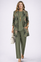 Women's 3-piece set with open-front cardigan, round-neck top and printed trousers, relaxed fit