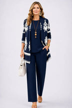 Women's 3-piece set with open-front cardigan, round-neck top and printed trousers, relaxed fit