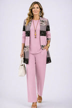 Women 3 piece cardigan top printed trousers set in relaxed fit