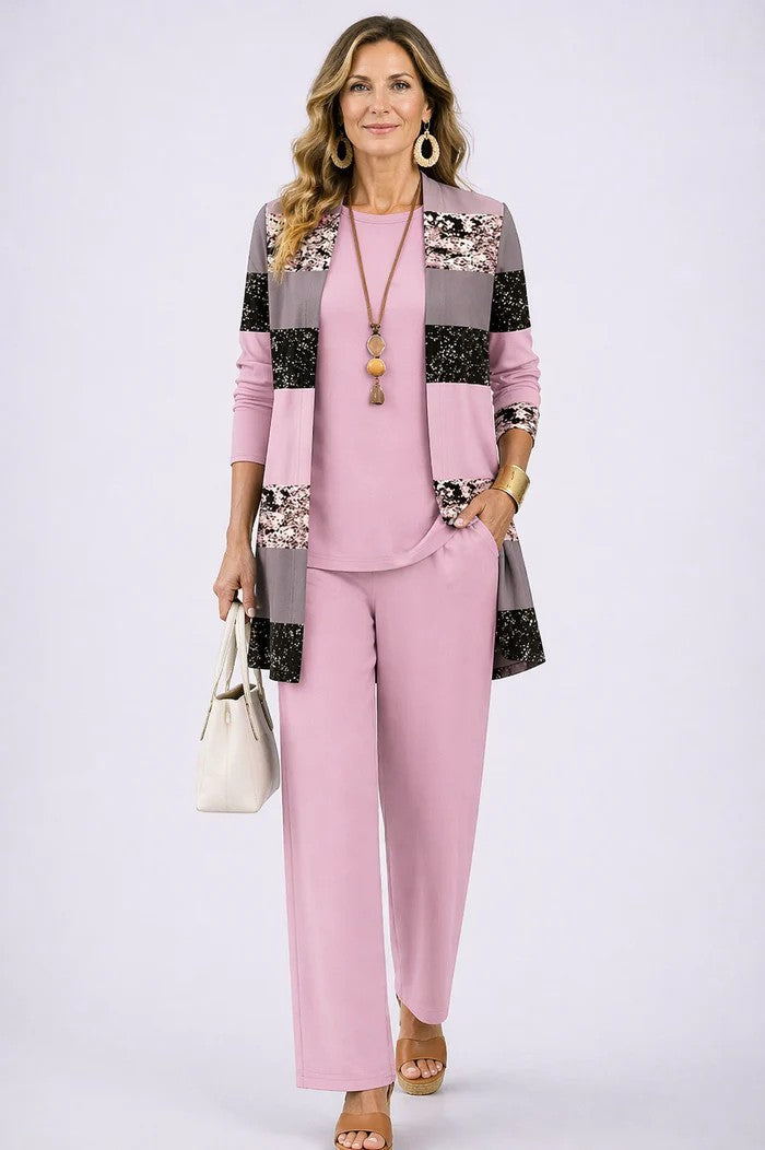 Women's 3-piece set with open-front cardigan, round-neck top and printed trousers, relaxed fit