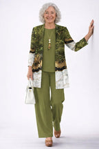 Women's 3-piece set with open-front cardigan, round-neck top and printed trousers, relaxed fit