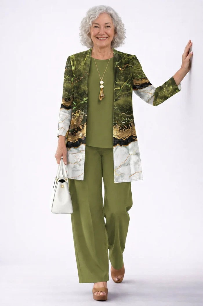 Women's 3-piece set with open-front cardigan, round-neck top and printed trousers, relaxed fit