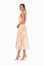 Women's maxi dress halter neck floral print open back in peach