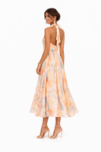 Women's maxi dress halter neck floral print open back in peach