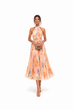 Women's maxi dress halter neck floral print open back in peach