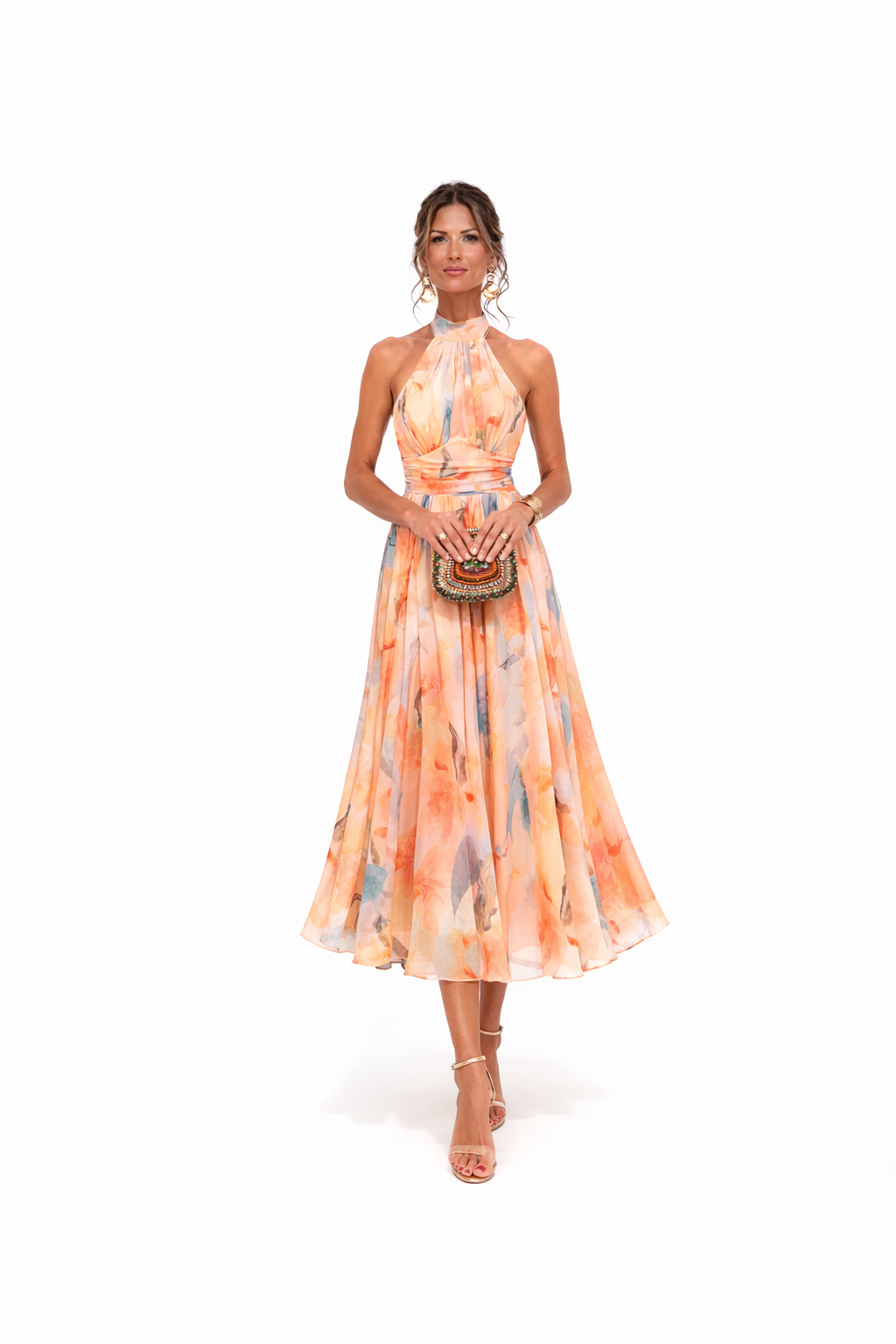 Women's maxi dress halter neck floral print open back in peach