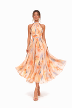 Women's maxi dress halter neck floral print open back in peach