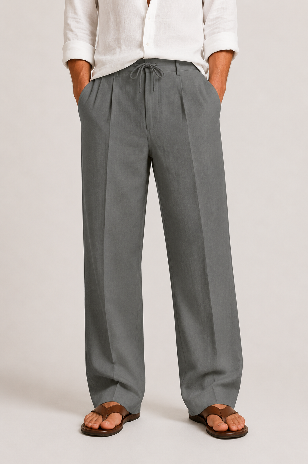 Men's linen trousers with drawstring waist, relaxed straight-leg fit, summer
