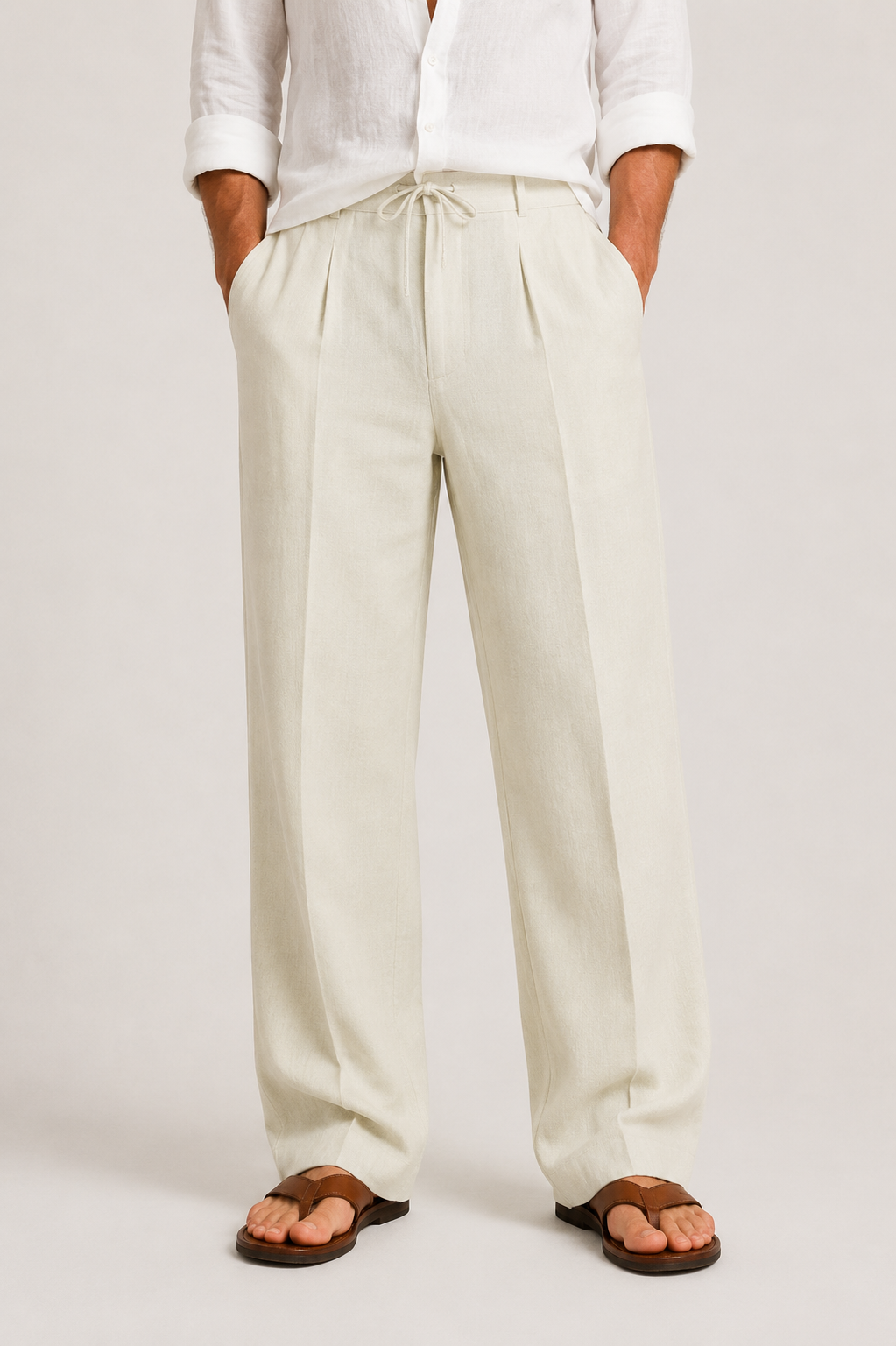 Men's linen trousers with drawstring waist, relaxed straight-leg fit, summer