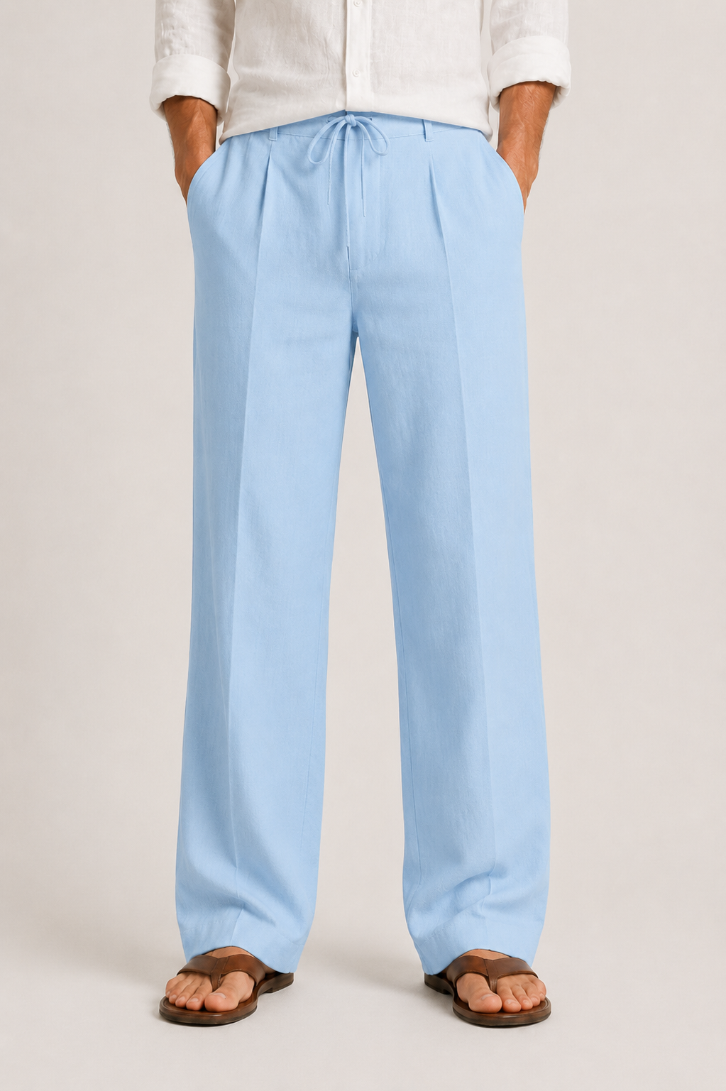 Men's linen trousers with drawstring waist, relaxed straight-leg fit, summer
