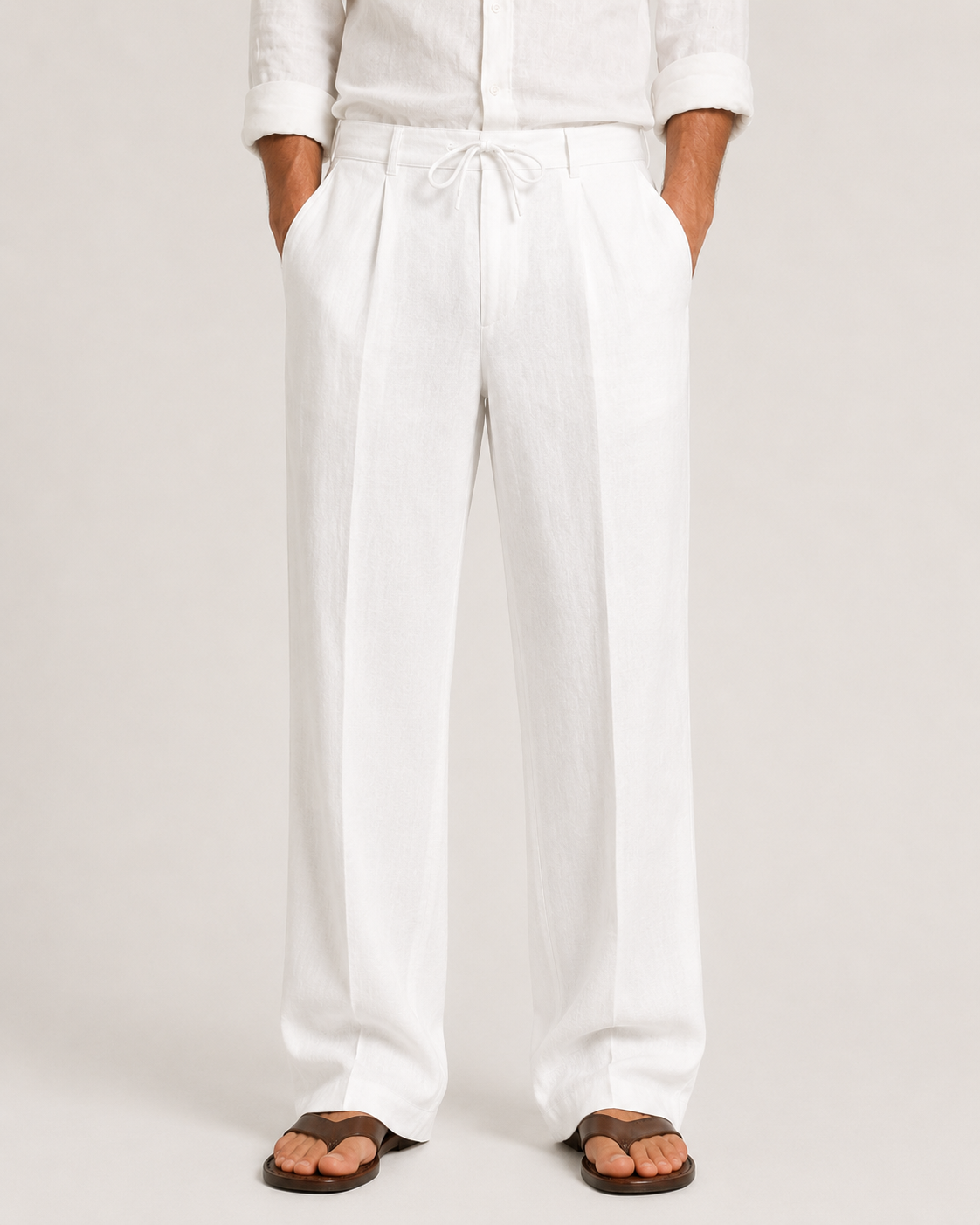 Men's linen trousers with drawstring waist, relaxed straight-leg fit, summer