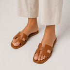 Orthopedic Slide Sandals Women Leather Flat Arch Support H Strap