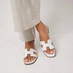 Orthopedic Slide Sandals Women Leather Flat Arch Support H Strap