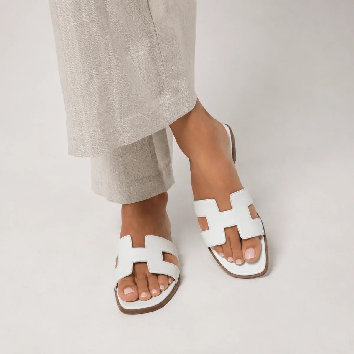 Orthopedic Slide Sandals Women Leather Flat Arch Support H Strap