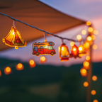LED camping string lights with warm white tent and camper figures, battery operated