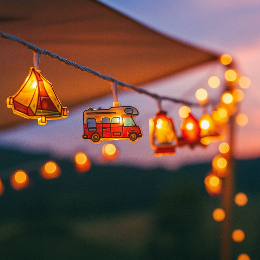 LED camping string lights with warm white tent and camper figures, battery operated