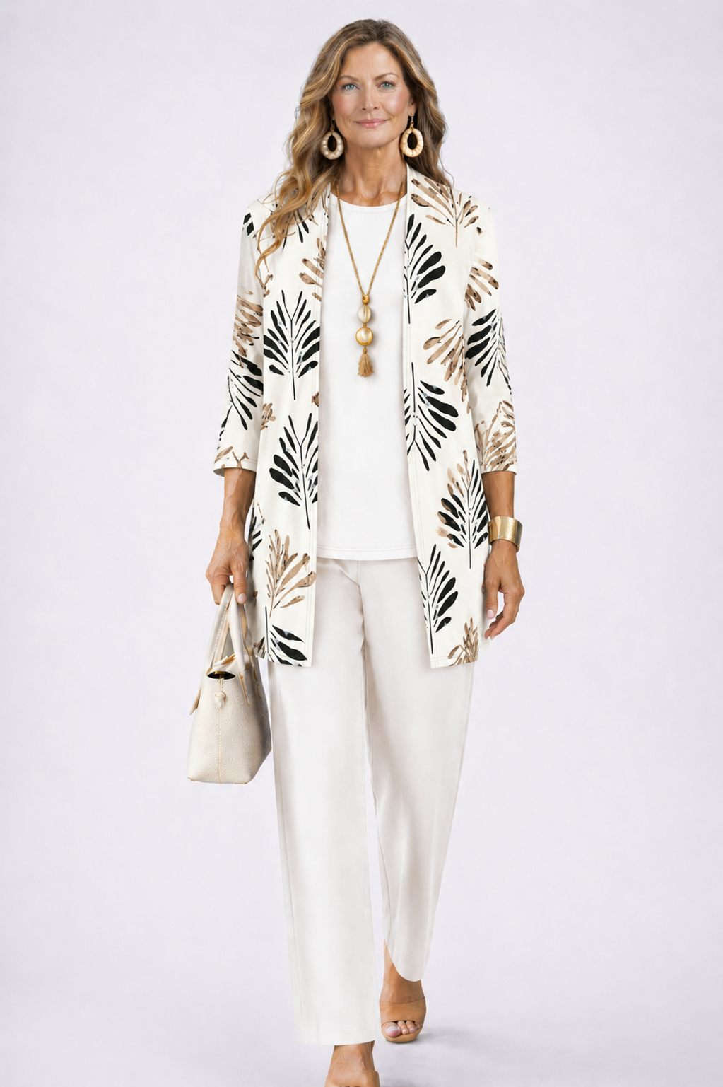 Women's 3-piece set with open-front cardigan, round-neck top and printed trousers, relaxed fit