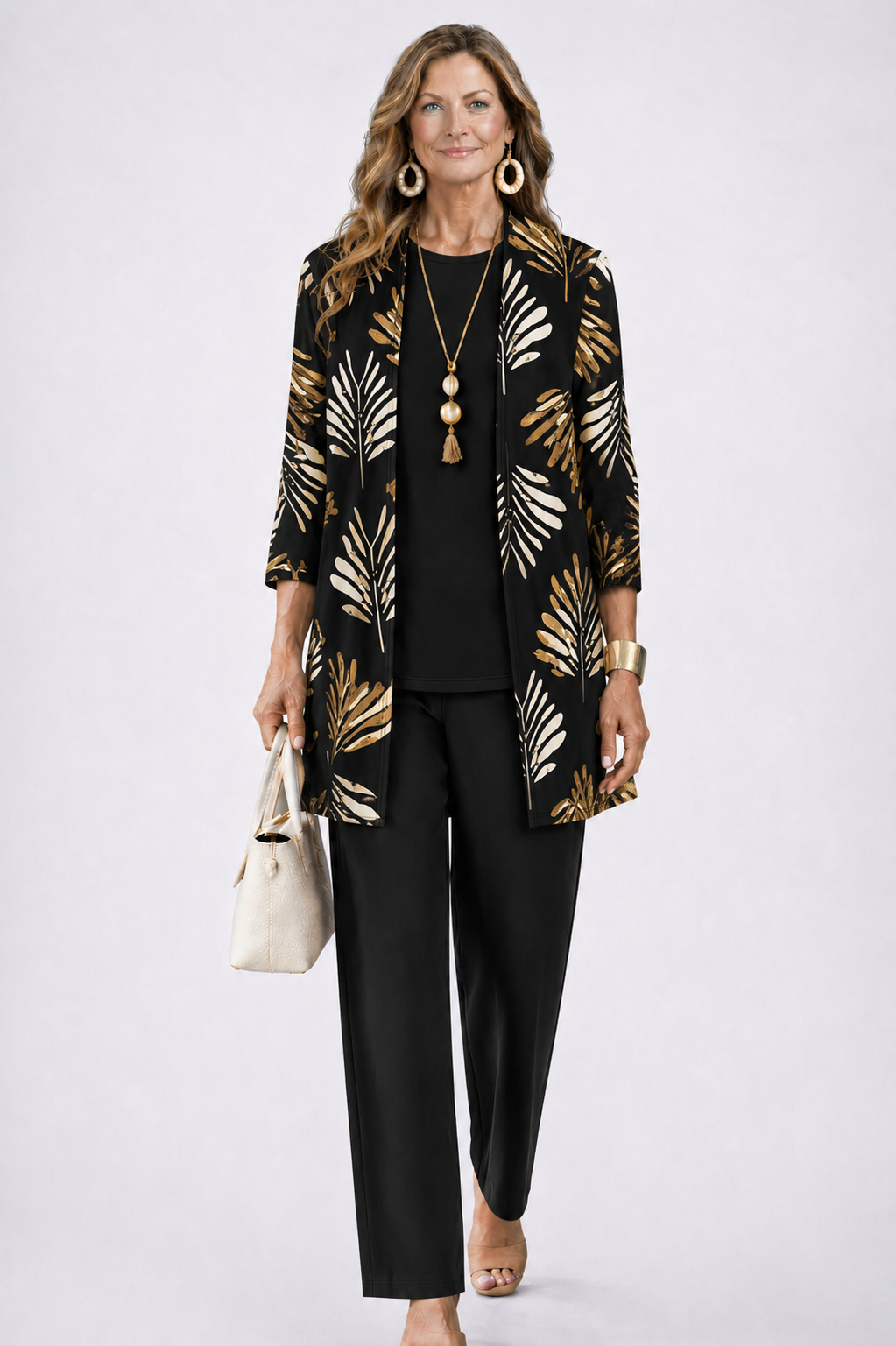 Women's 3-piece set with cardigan, top and printed trousers, relaxed fit spring summer outfit